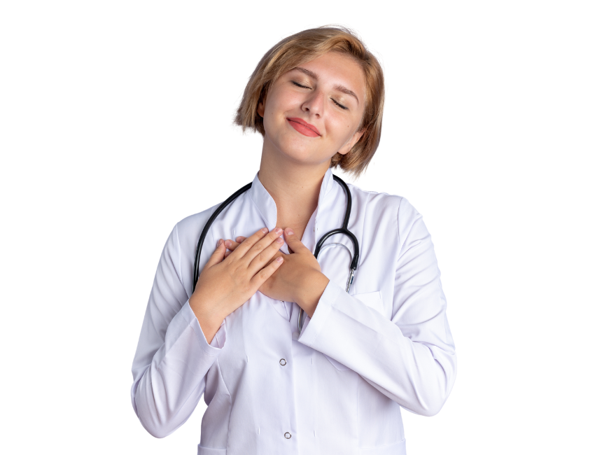 Smiling healthcare professional in a white coat with hands on chest, expressing compassion and care, representing We Care Respiratory and Sleep health services.