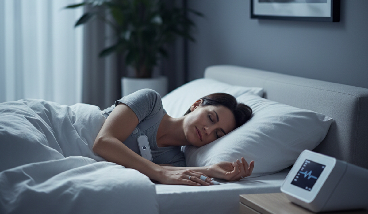 A person is sleeping comfortably in their own bed, wearing a modern, minimal home sleep apnea testing (HSAT) device with a small chest belt and finger sensor.